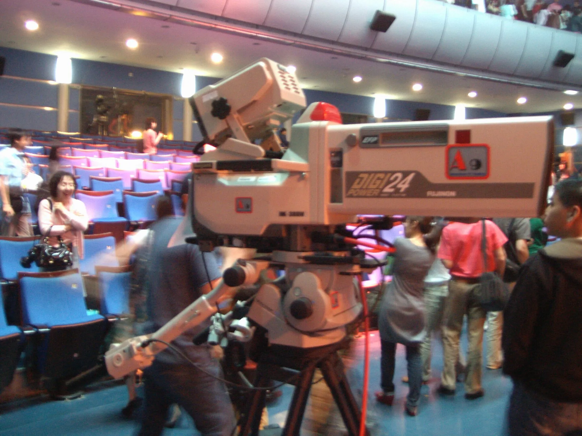 A television studio camera prepared for broadcast