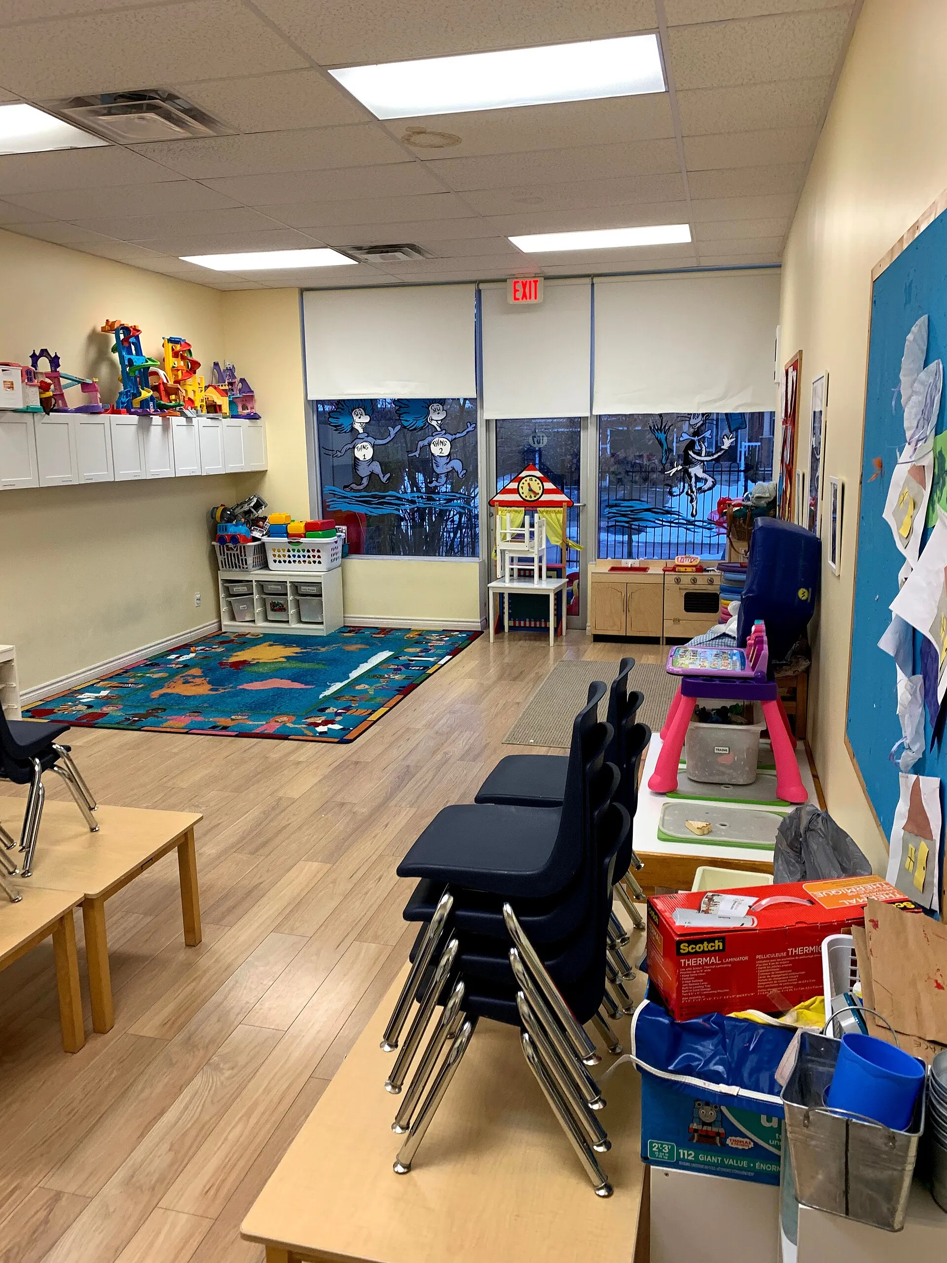 A preschool classroom arranged for young children